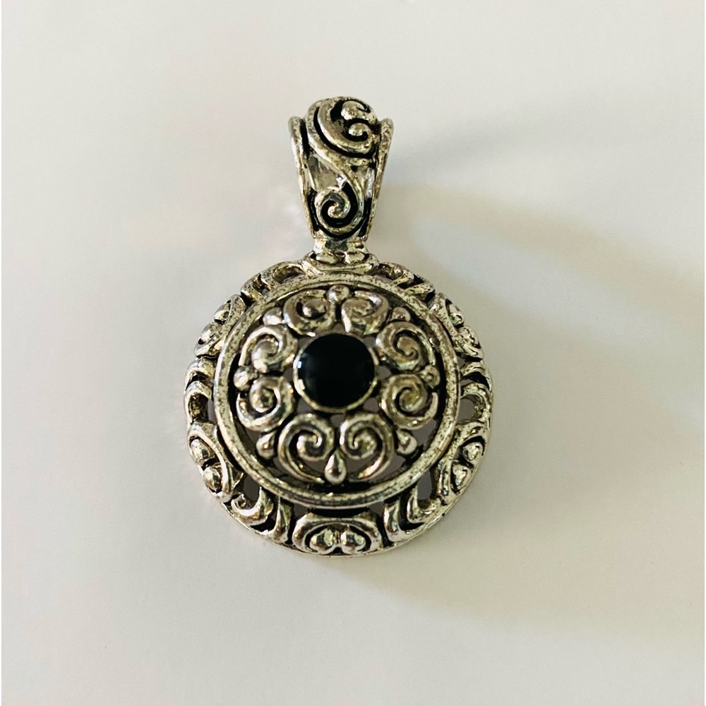 Vintage Premier Designs Silver tone Faux Black Cabochon Stone Slide Pendant.